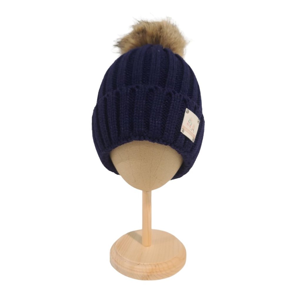 Hunter Knit Beanie With Faux Fur Pom Pom, Navy